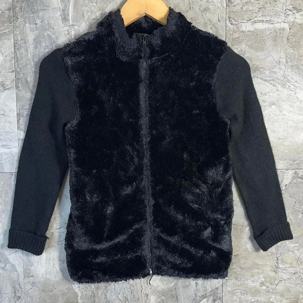 Black faux fur zip up‎ jacket Kids Medium 10-12 #fauxfur #jacket